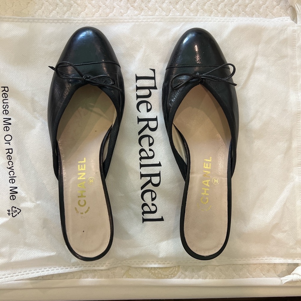Chanel Black Mules with Bow Detail